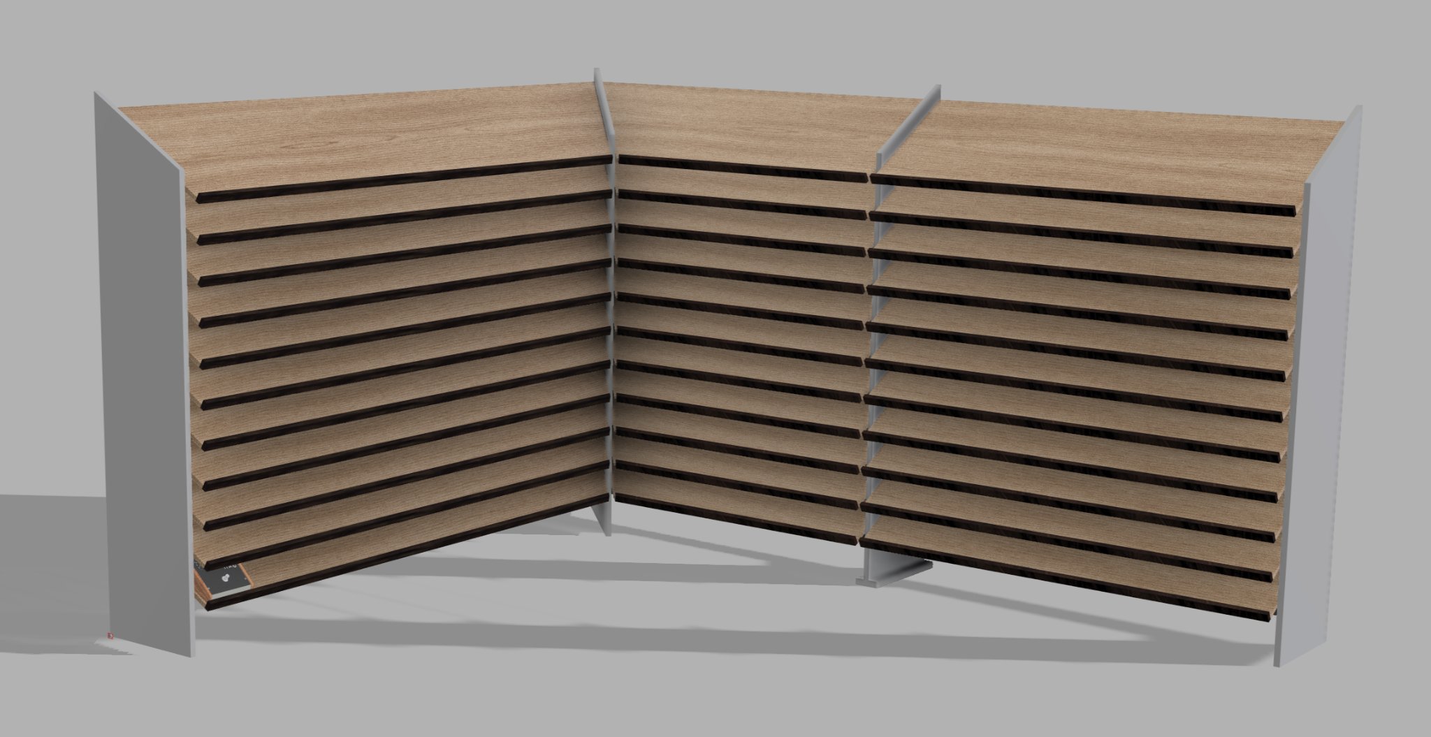 3D rendering of a guitar pedal shelf. There are many shelves in an L configuration.